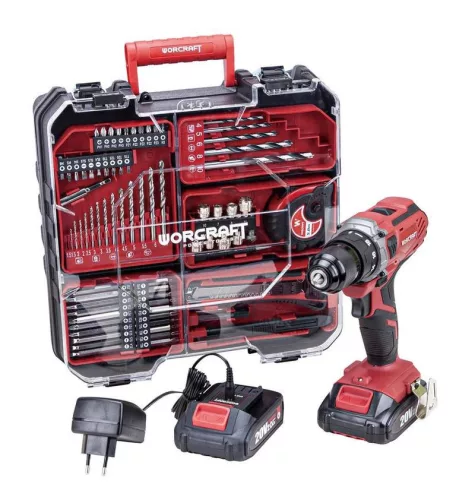 Worcraft CD-S20LiWT fúrógép 20 V-os, 2 db 2,0 Ah-s akkumulátorral, töltővel, 74 db-os készlet