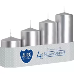   AURA gyertyák, lépcsőzetes, henger, ezüst metál, 50mm, 48/70/90/110/130mm, 4db/csomag