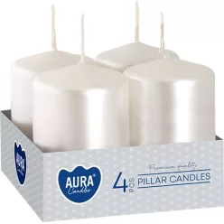  AURA gyertyák, henger, fehér gyöngy 40x60mm, 7h, 55g, 4db/csomag
