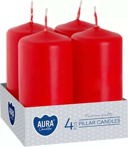 AURA gyertyák, henger, piros, 40x80mm, 9h, 80g, 4db/csomag