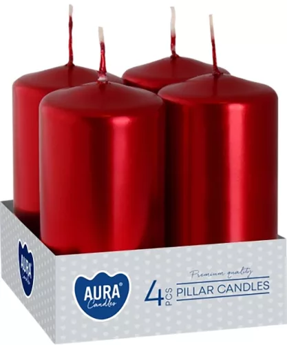 AURA gyertyák, henger, piros metál, 40x80mm, 9h, 80g, 4db/csomag
