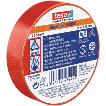 Tesa® PRO tesaflex®, szigetelőszalag PVC 10 m-es 15 mm, piros színű