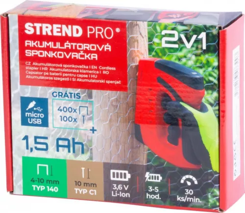 Strend Pro tűzőgép 3,6 V, Li-ion, kapcsok 6-10 mm, szegek 10 mm
