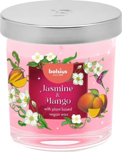 Bolsius Floral Fusion gyertya, jázmin és mangó, illattal, 80/72 mm, üvegben