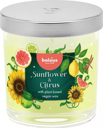 Bolsius Floral Fusion gyertya, napraforgó és citrus, illattal, 80/72 mm, üvegben