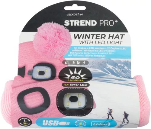 Strend Pro gyerek bojtos téli sapka 4x SMD LED világítással, rózsaszín színben, M
