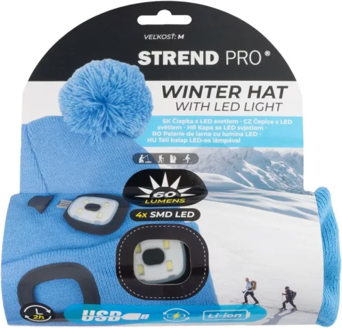 Strend Pro gyerek bojtos téli sapka 4x SMD LED világítással, kék színben, M