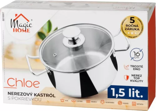 MagicHome Chloe lábas, 16 cm, 1,5 liter, üvegfedővel, rozsdamentes acél