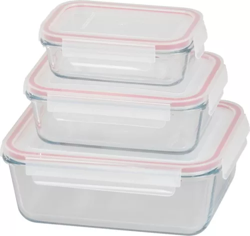 MagicHome, 3 db-os szett, üveg, téglalap alakú, fedővel, 400/900/1900 ml
