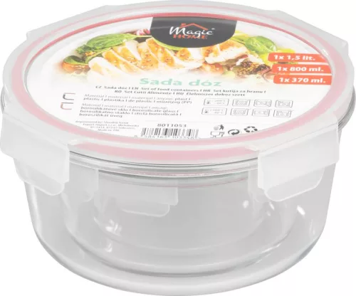 MagicHome, 3 db-os szett, üveg, kerek alakú, fedővel, 370/800/1500 ml