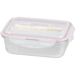   MagicHome üvegedény téglalap alakú, 1000 ml, zárható fedővel,evőeszközzel