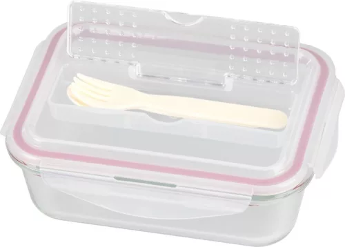 MagicHome üvegedény téglalap alakú, 1000 ml, zárható fedővel,evőeszközzel