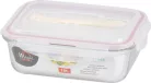 MagicHome üvegedény téglalap alakú, 1000 ml, zárható fedővel,evőeszközzel