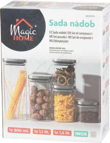 MagicHome, üvegedény készlet, 3 db-os 800/1100/1500 ml, üveg, rozsdamentes fedéllel