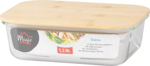 MagicHome üvegedény, téglalap alakú, 1500 ml, bambusz fedéllel