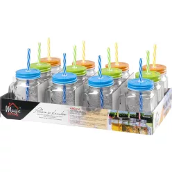   MagicHome üvegpohár, szívószállal, színes tetővel, üveg, 480 ml