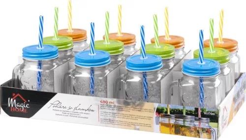MagicHome üvegpohár, szívószállal, színes tetővel, üveg, 480 ml
