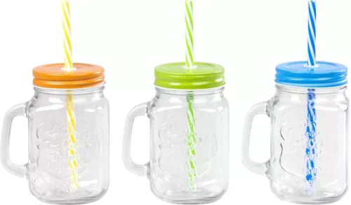 MagicHome üvegpohár, szívószállal, színes tetővel, üveg, 480 ml