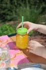 MagicHome üvegpohár, szívószállal, színes tetővel, üveg, 480 ml