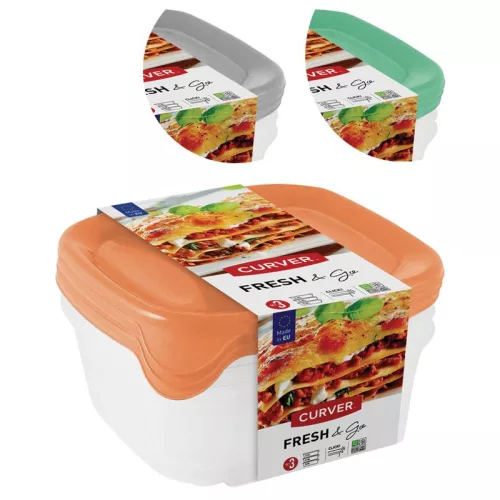 Curver® élelmiszer tároló készlet, négyzet alakú, 3 db-os, 800 ml, menta/szürke/barack 