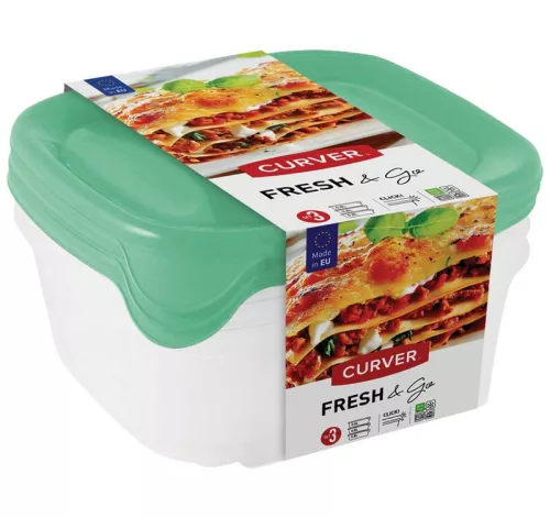 Curver® élelmiszer tároló készlet, négyzet alakú, 3 db-os, 800 ml, menta/szürke/barack 