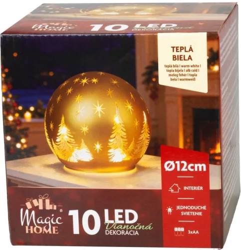 MagicHome karácsonyi gömb, üveg, arany, 10xLED meleg fehér, 12x11 cm