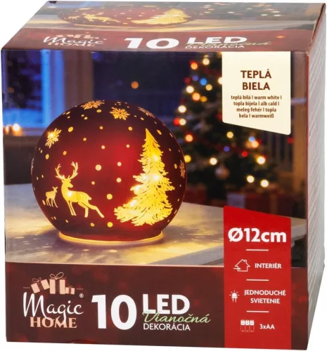 MagicHome karácsonyi gömb, üveg, piros, 10xLED meleg fehér, 12x11 cm
