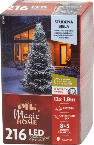 MagicHome karácsonyi függőleges fényfüzér időzítővel, 216xLED, hideg fehér, 5+8 funkció, 1,8 m