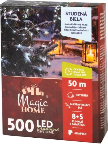 MagicHome karácsonyi fényfüzér, időzítő 500xLED, hideg fehér, 8 funkció, 50 m