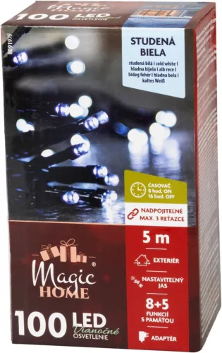MagicHome karácsonyi fényfüzér időzítővel, 100xLED, hideg fehér, 8 funkció, 5 m