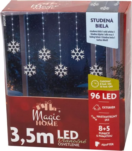 MagicHome karácsonyi fényfüzér, hópelyhek, 96xLED, hideg fehér, 8+5 funkció, időzítővel, 3,5 m