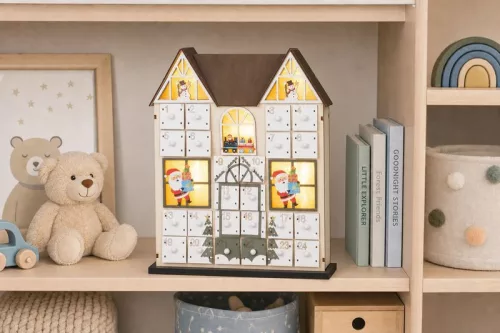 MagicHome karácsonyi Adventi naptár fából, 8xLED, meleg fehér, 26x7x32 cm