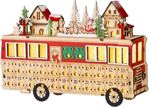 MagicHome karácsonyi dekoráció, busz fából, 8xLED meleg fehér, 27,7x7,5x19 cm