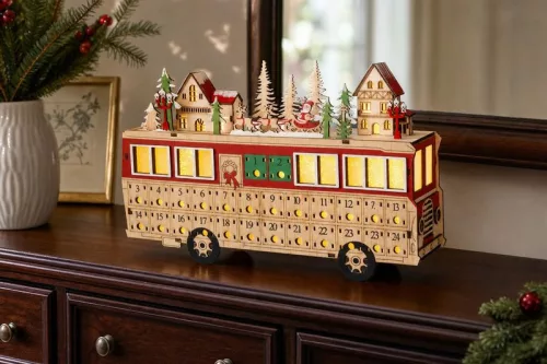 MagicHome karácsonyi dekoráció, busz fából, 8xLED meleg fehér, 27,7x7,5x19 cm