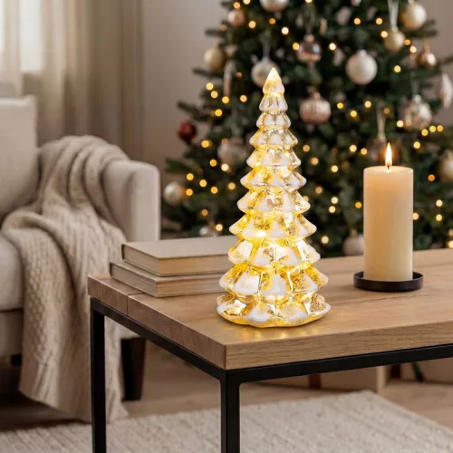 MagicHome karácsonyfa dekoráció fából, 15xLED meleg fehér, 2xAA, IP20, 14x34 cm