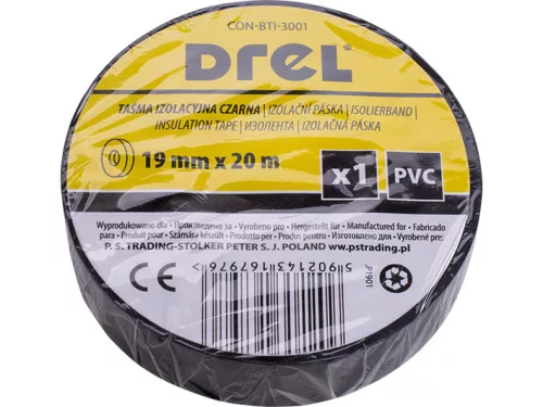 Drel szigetelőszalag fekete, 0,18 x 19 mm, 20 m