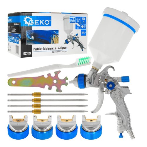 GEKO festékszóró pisztoly HVLP, 600 ml tartállyal + 4db fúvóka