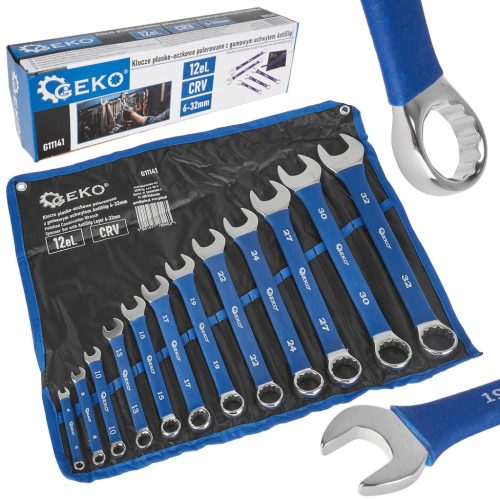 GEKO csiszolt csillag-villáskulcs készlet, csúszásgátló bevonattal, 6-32 mm, 12 db-os