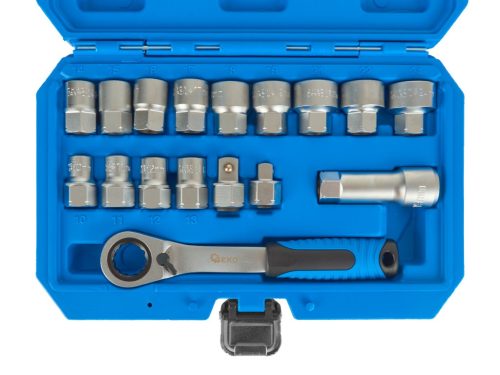 GEKO racsnis, 12 szögletű, átmenő furatos dugófej készlet, 17 db - os