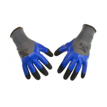 GEKO védőkesztyű, (kék) poliészter bélés hab, latex bevonattal duplán mártott ujjal  L / 9